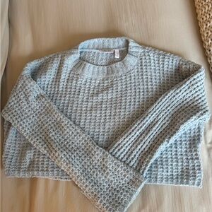 Willow Blue Crew Neck Sweater with Cropped Length and Waffle Knit Texture